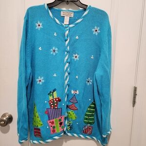 Tiara International Christmas Collection Aqua Blue Knit Sweater Cardigan 2X EUC